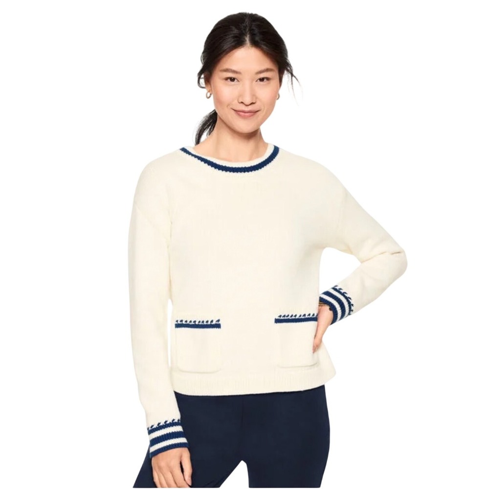 Talbots Womens Cream Navy Blue Nautical Striped Pocket Knit Sweater Large